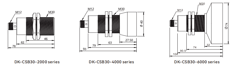 Dimensions of distance measurement using ultrasonic sensor CSB30 series