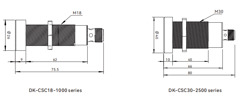 Dimensions of Ultrasonic sensors CSC series