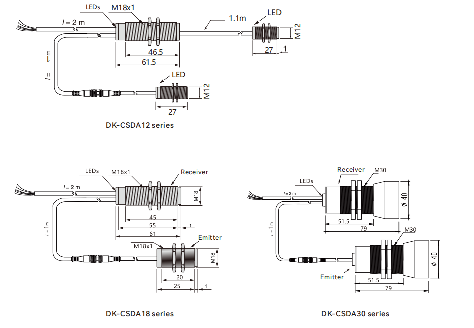 Dimensions of Ultrasonic sensors CSDA series