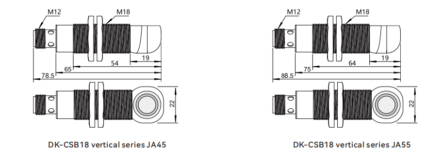 Dimensions of Ultrasonic sensors CSB18 elbow series