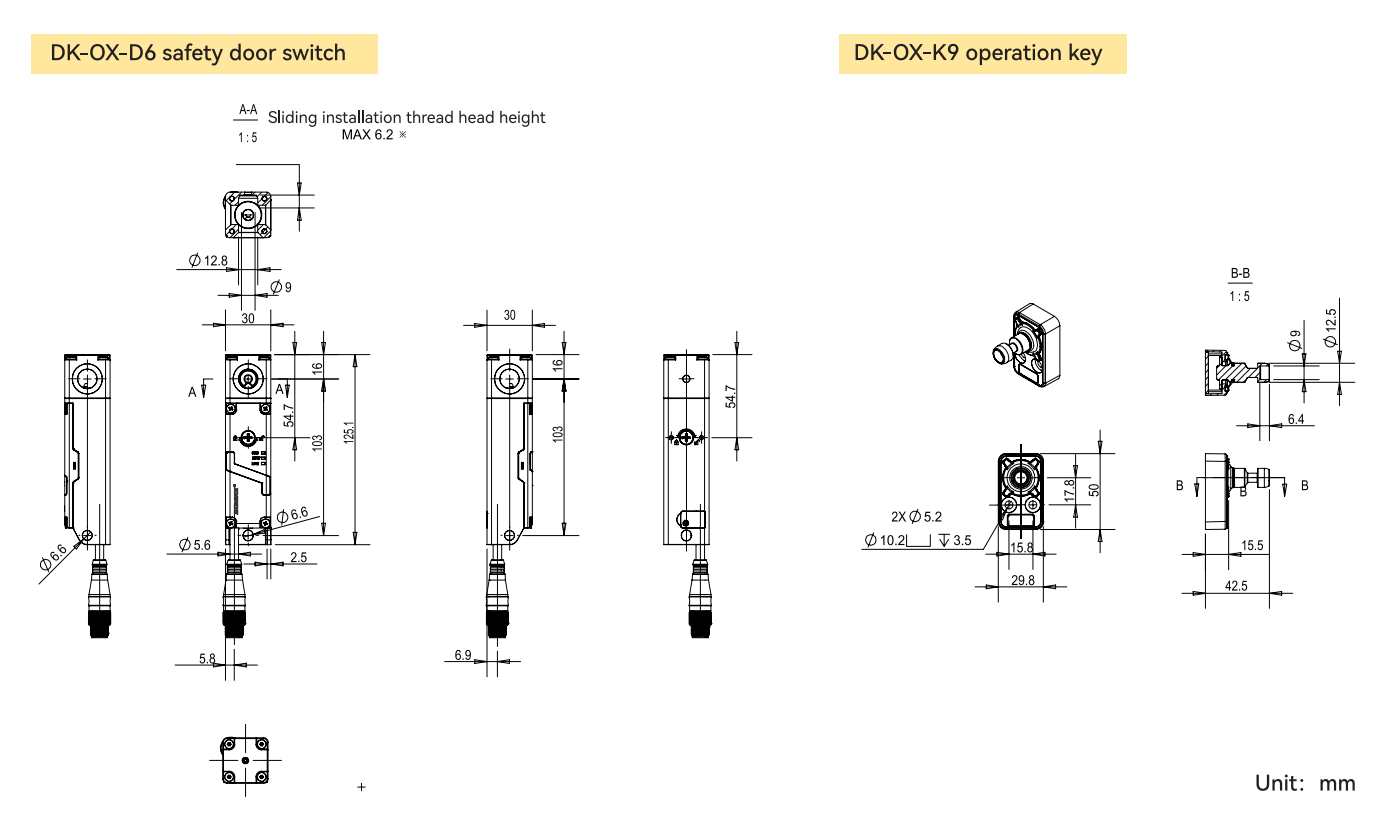 Dimensions of Safety Interlock Switches DK-OX-D6