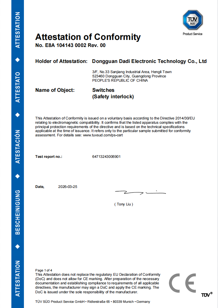 TÜV Certificate of Switches/Safety interlock