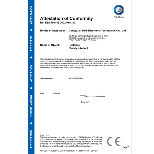 TÜV Certificate of Switches/Safety interlock