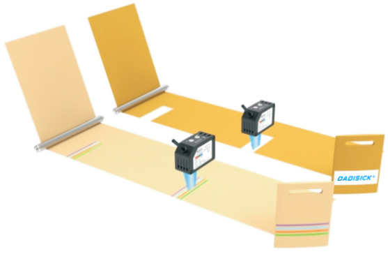 Color mark sensors detect specific color marks on the conveyor belt.