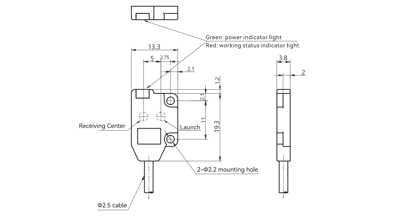 Dimensions of the Ultra-Thin Miniature Photoelectric Sensor B-GP13 Series