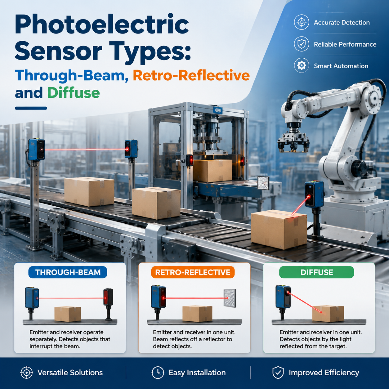 Photoelectric Sensor Types: Through-Beam, Retro-Reflective and Diffuse