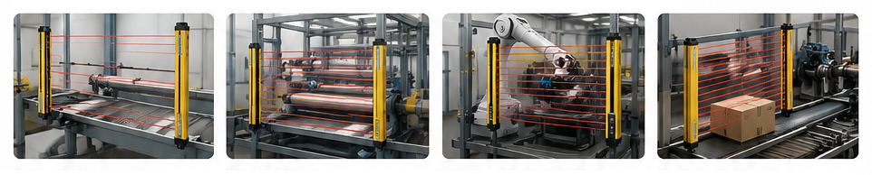DK-QM application scenarios: rope or cable conveying, material feeding, automated production lines, and packaging and palletizing
