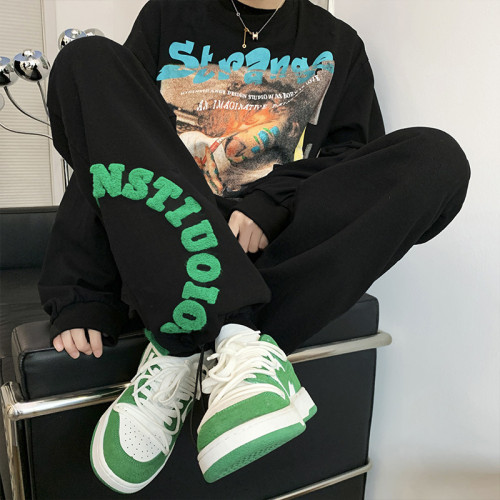 wholesale cream pants mens with chenille embroidery factory | hip hop clothing manufacturers