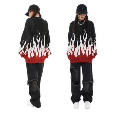wholesale custom black and white sweater mens with flame | hip hop clothing manufacturers