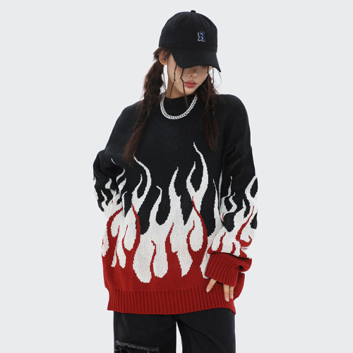 en gros chandail noir et blanc personnalisé mens avec flamme | fabricants de vêtements hip hop
