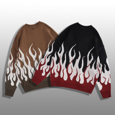 wholesale custom black and white sweater mens with flame | hip hop clothing manufacturers