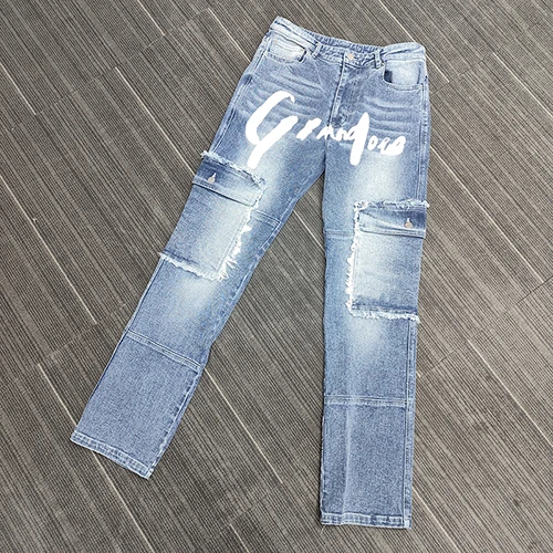 Großhandel maßgeschneiderte Herrenjeans in heller Waschung mit Siebdruckfabrik | China-Jeans-Hersteller
