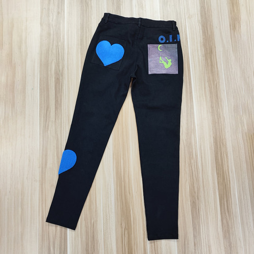 wholesale custom mens dark wash jeans with chenille embroidery vendor | skinny low rise jeans mens