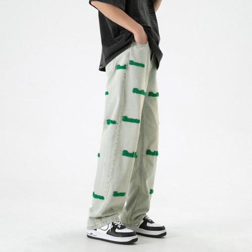 wholesale custom mens stacked jeans with chenille embroidery supplier | stacked jeans wholesale