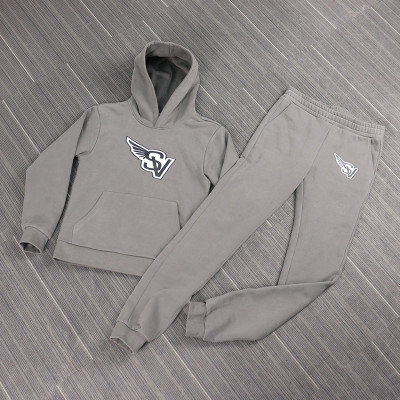 wholesale custom grey sweatsuit mens with heat transfer printing  | mens tracksuits supplier