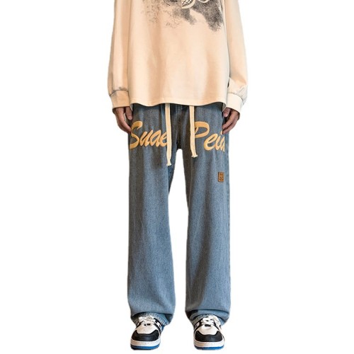 custom stacked jeans mens with puff printing  | wholesale clothing manufacturer in china