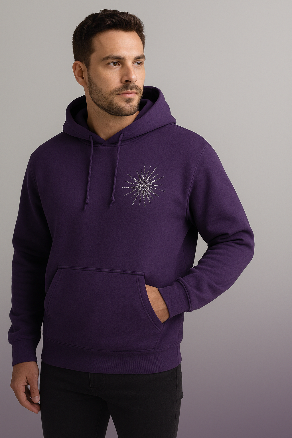 Shine with Style: Custom Purple Men’s Hoodies with Rhinestones