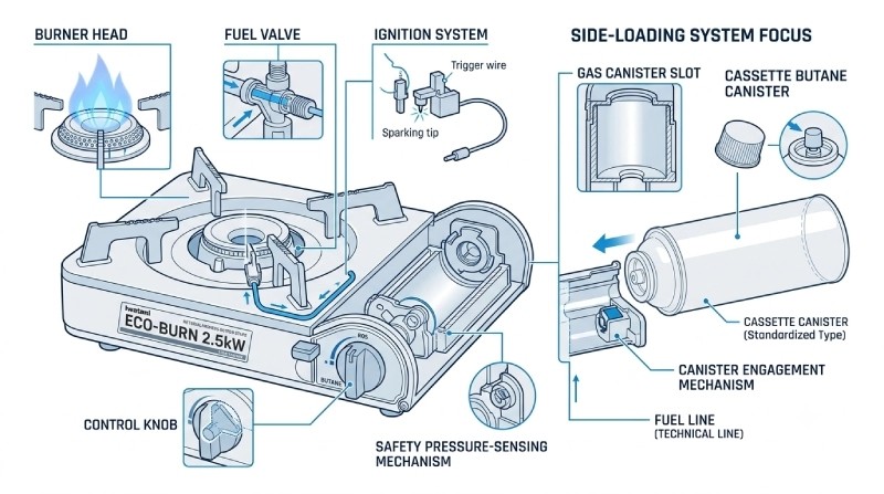 Technical structure diagram of cassette butane stove and gas canister system