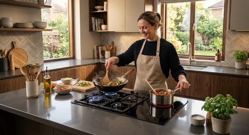 Hybrid hob combining gas burner and induction zone