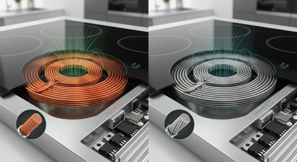 Comparison of aluminum and copper induction coils showing precision coil engineering inside an induction cooker