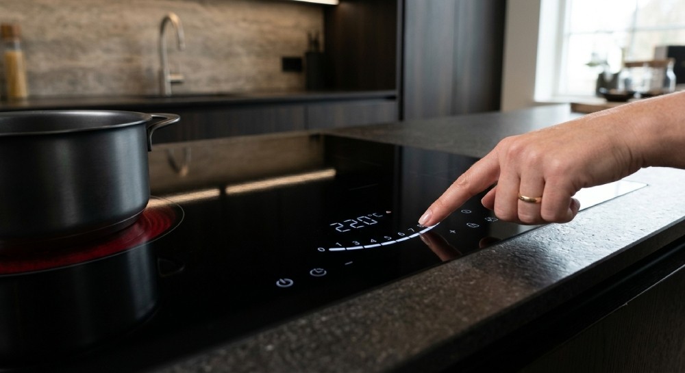 User operating an induction cooker with a sensitive sliding touch control panel for precise temperature adjustment