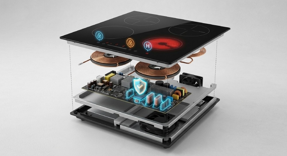 3D exploded view showing multi-layer safety protection systems inside an induction cooker