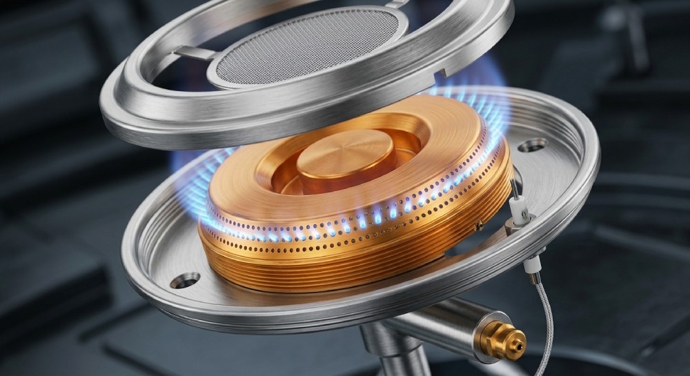 CHEFF burner head precision engineering showing CNC-machined brass burner caps and flame ports for portable butane gas stoves