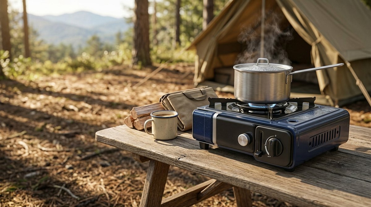 CHEFF portable butane gas stove in a real home kitchen with fresh ingredients, showcasing compact design for everyday cooking