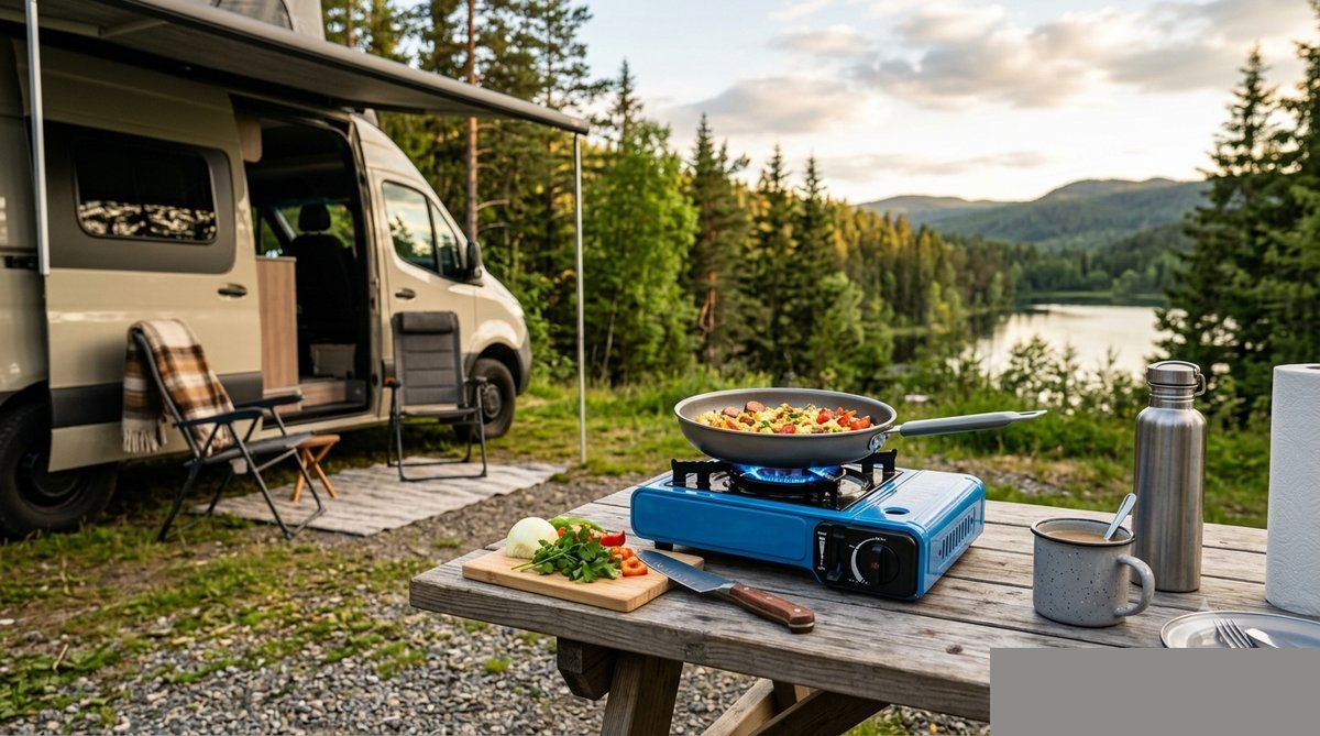 Portable butane gas stove used for camping and outdoor cooking in a scenic wilderness setting