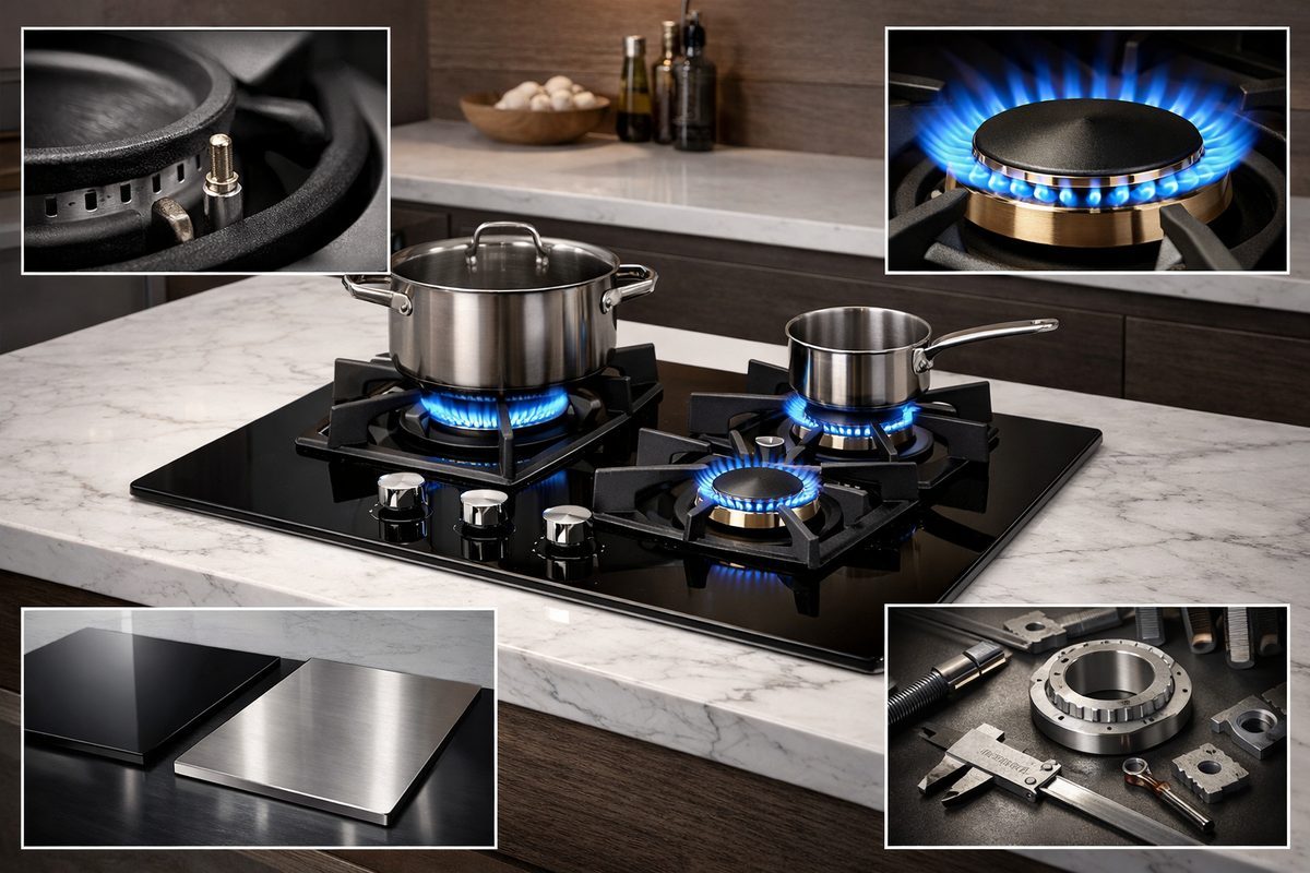 Stainless steel built-in gas hob with four burners and a wok burner in a modern kitchen