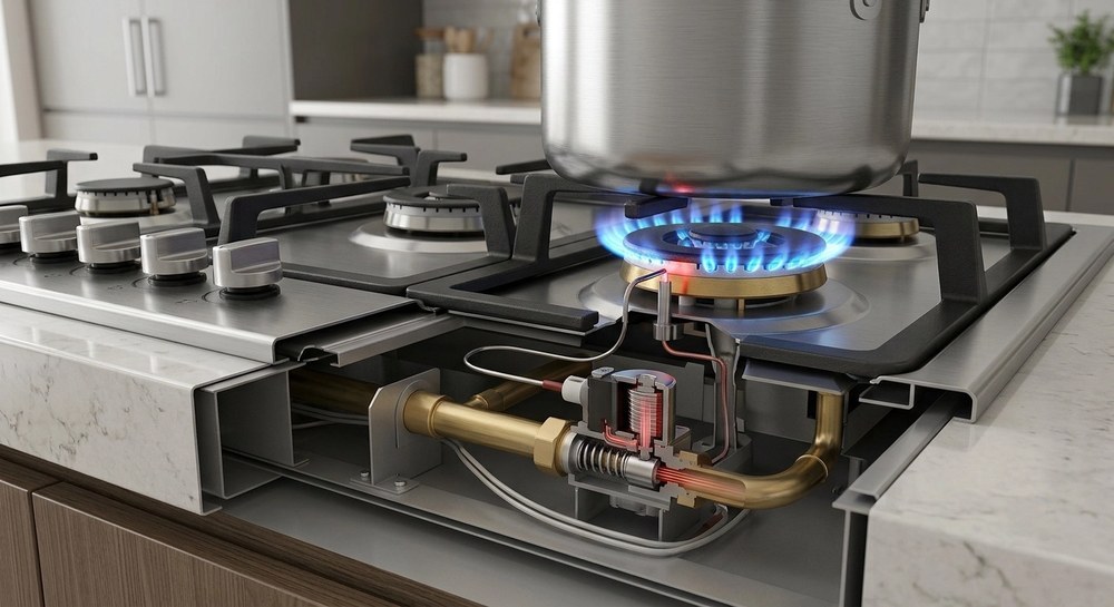 Built-in gas hob with stainless steel panel undergoing safety testing in CHEFF factory
