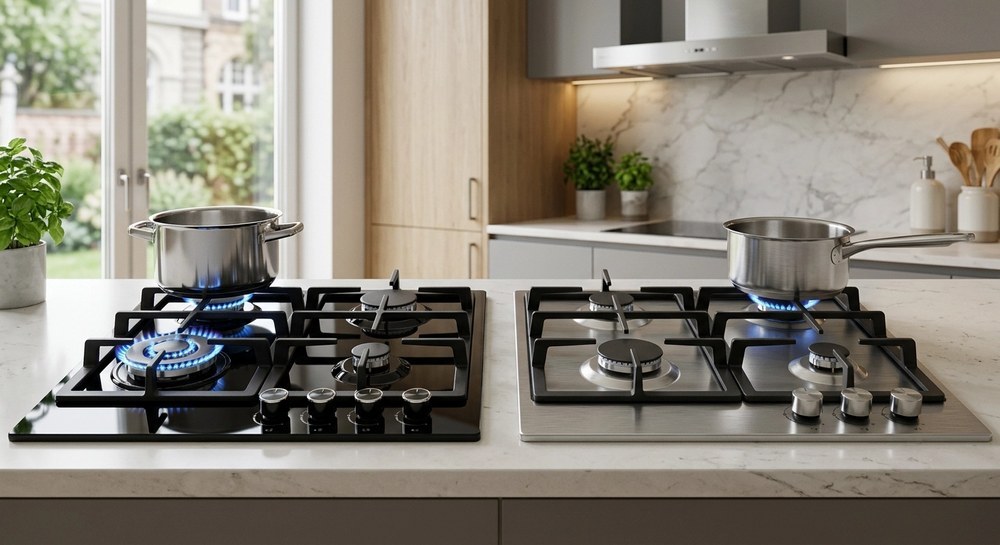 Tempered glass built-in gas hob showing knob controls and burner layout
