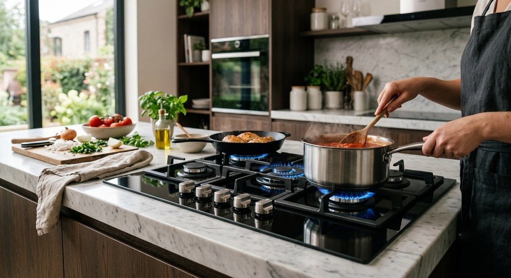 Modern kitchen with a sleek tempered glass panel built-in gas hob featuring multiple burners