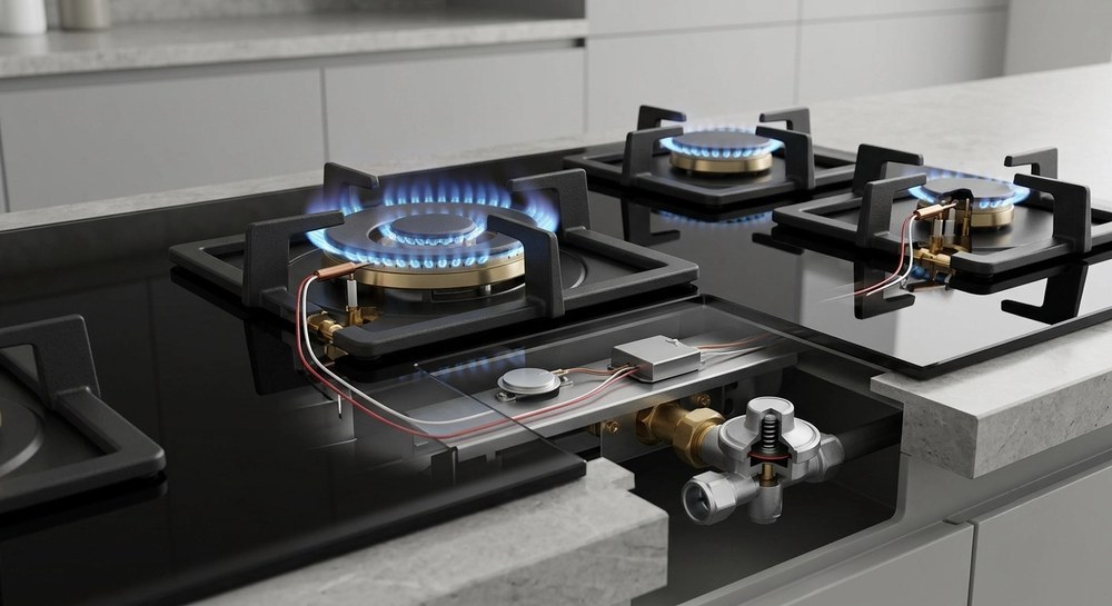 Close-up of tempered glass panel built-in gas hob burner with blue flame showing precise gas control