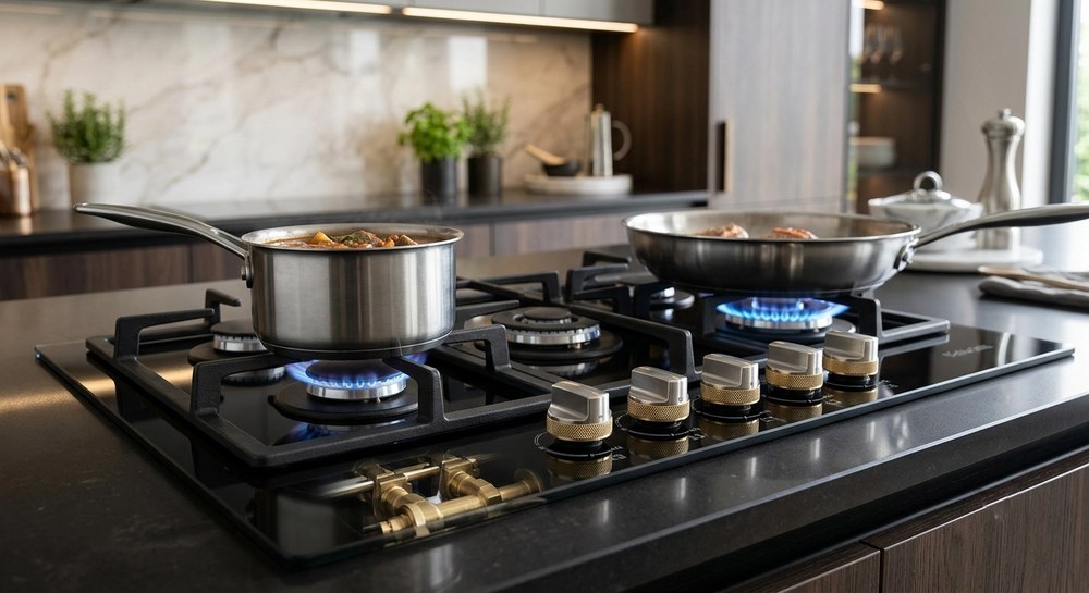 CHEFF tempered glass panel gas hob installed in a contemporary kitchen with dark cabinetry