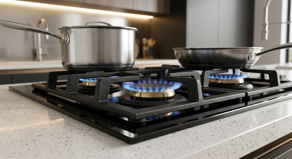 Tempered glass panel gas hob surface with cast iron pan supports and four burners in a bright kitchen
