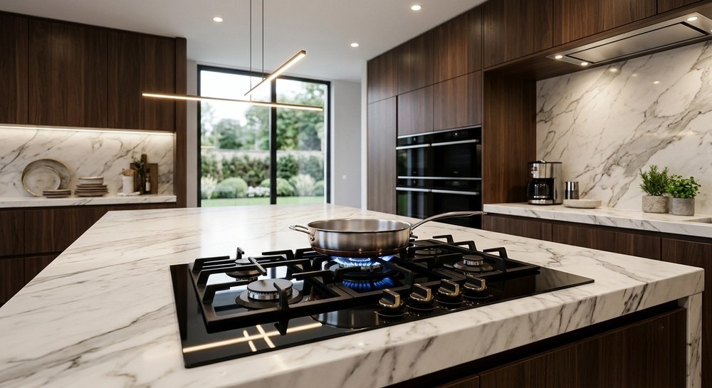 Tempered glass panel gas hob in a luxury kitchen island with pendant lighting