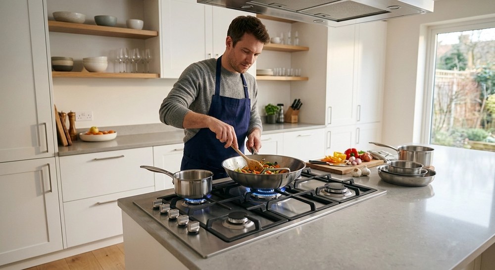 Professional stainless steel panel built-in gas hob with four burners and cast iron grates in a modern kitchen