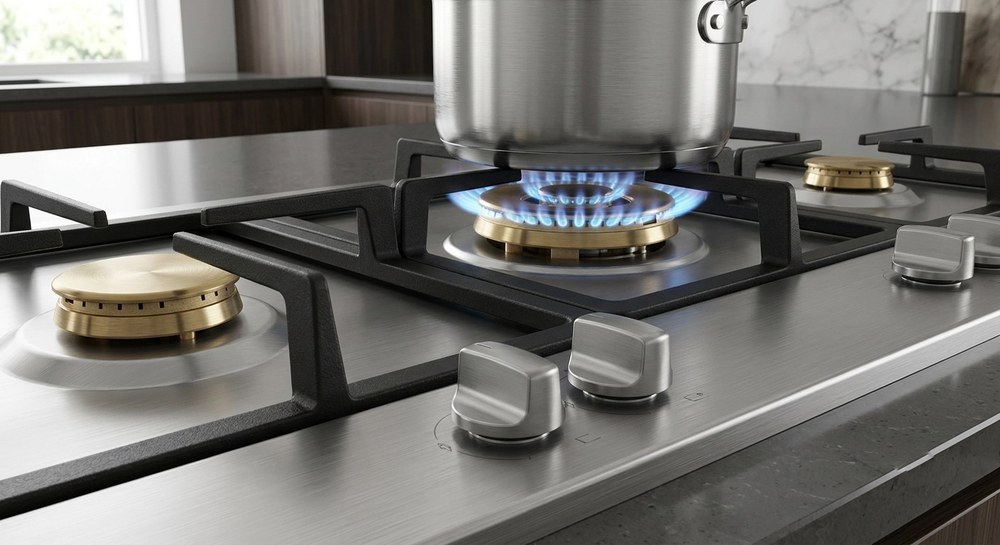 Close-up of stainless steel panel gas hob surface showing brushed finish and burner assembly detail