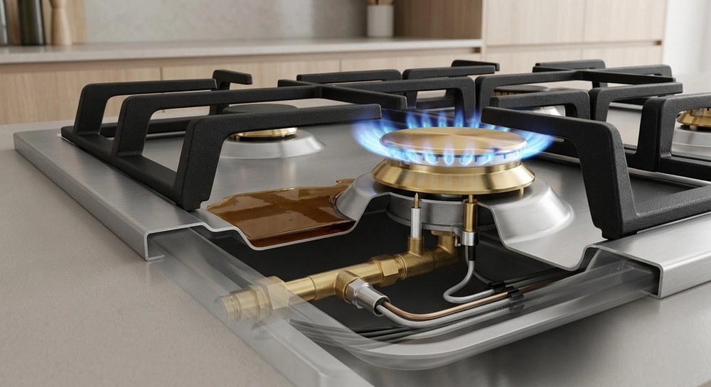 Stainless steel panel gas hob burner operating with stable blue flame showing efficient combustion