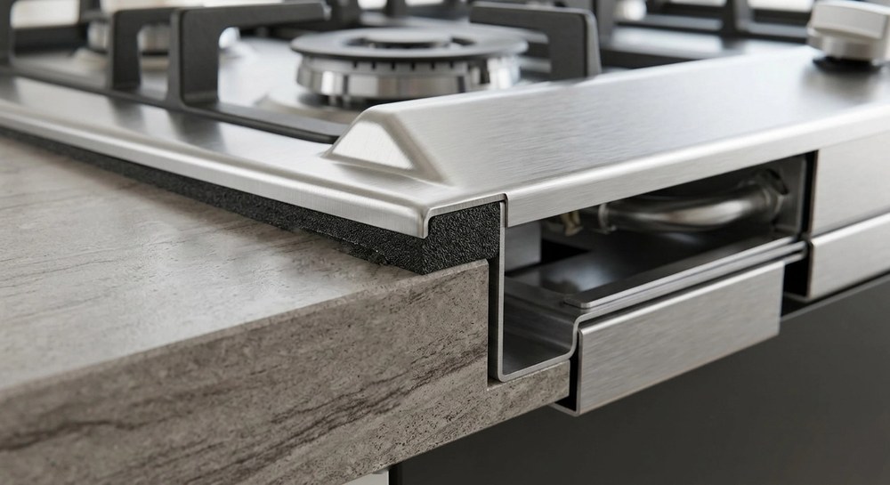 Stainless steel panel built-in gas hob installed in kitchen with oven below showing full integration