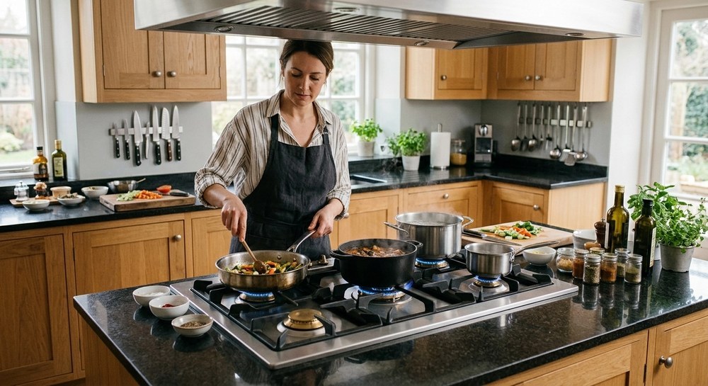 Stainless steel panel gas hob in a professional-style home kitchen with commercial-grade ventilation