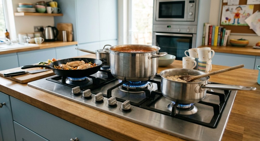 Stainless steel panel built-in gas hob in a busy family kitchen with multiple pots cooking