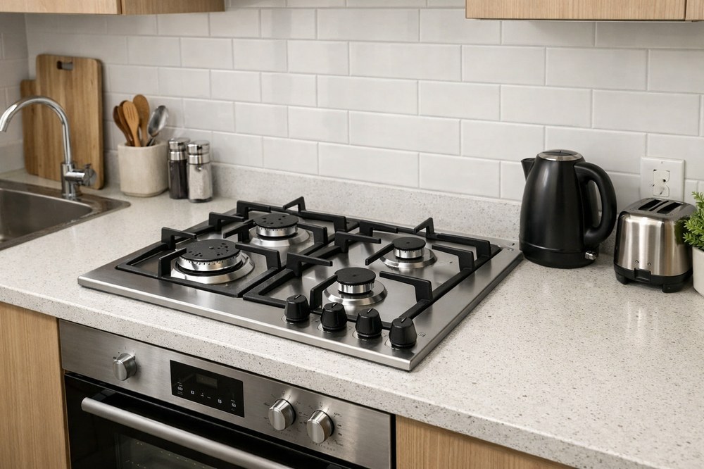 Stainless steel panel gas hob in a rental apartment kitchen with neutral decor