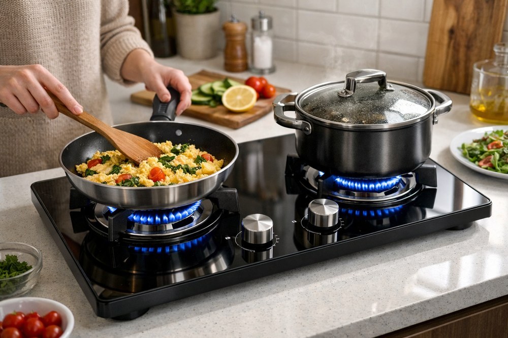 Stainless steel panel table top gas cooker with multiple burners on a countertop