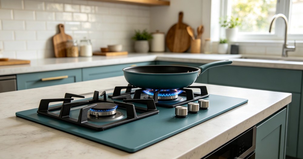 Powder coated panel table top gas cooker in a colorful modern kitchen setting
