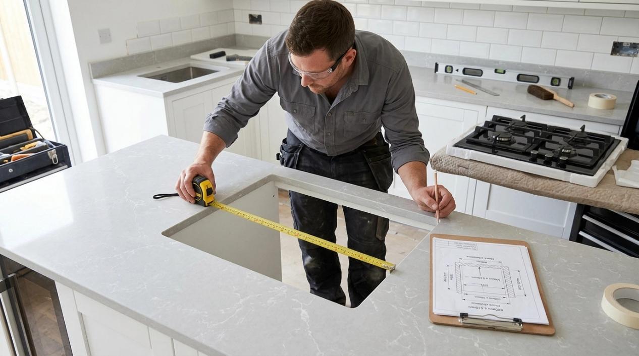 A contractor measuring the cut-out for a gas hob on a quartz countertop