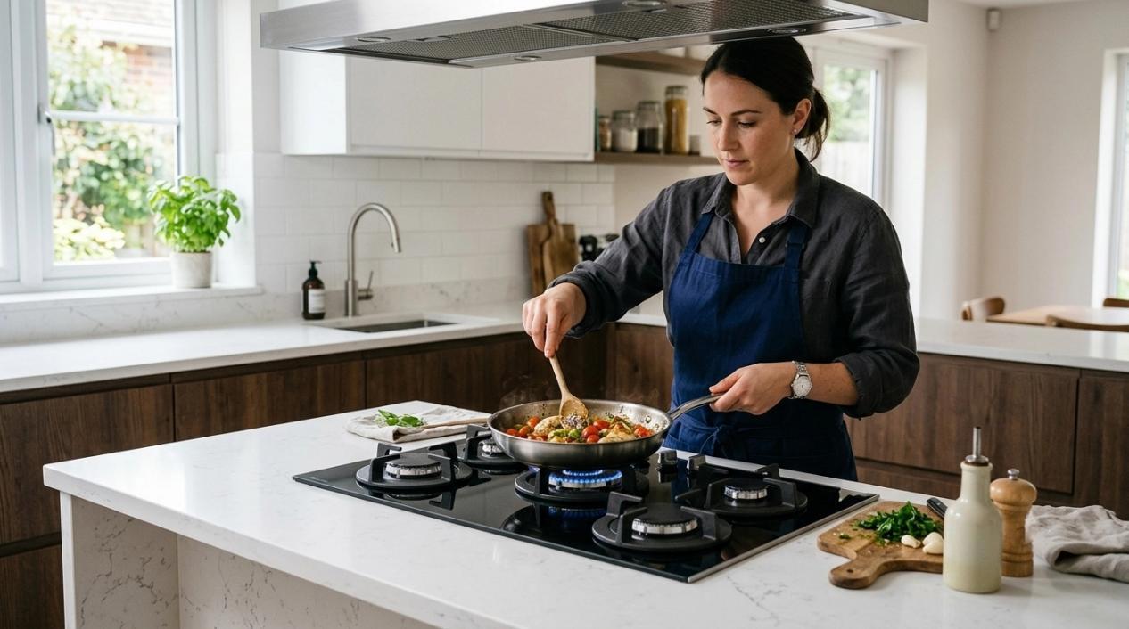 A woman cooking on a built-in gas hob in a modern kitchen