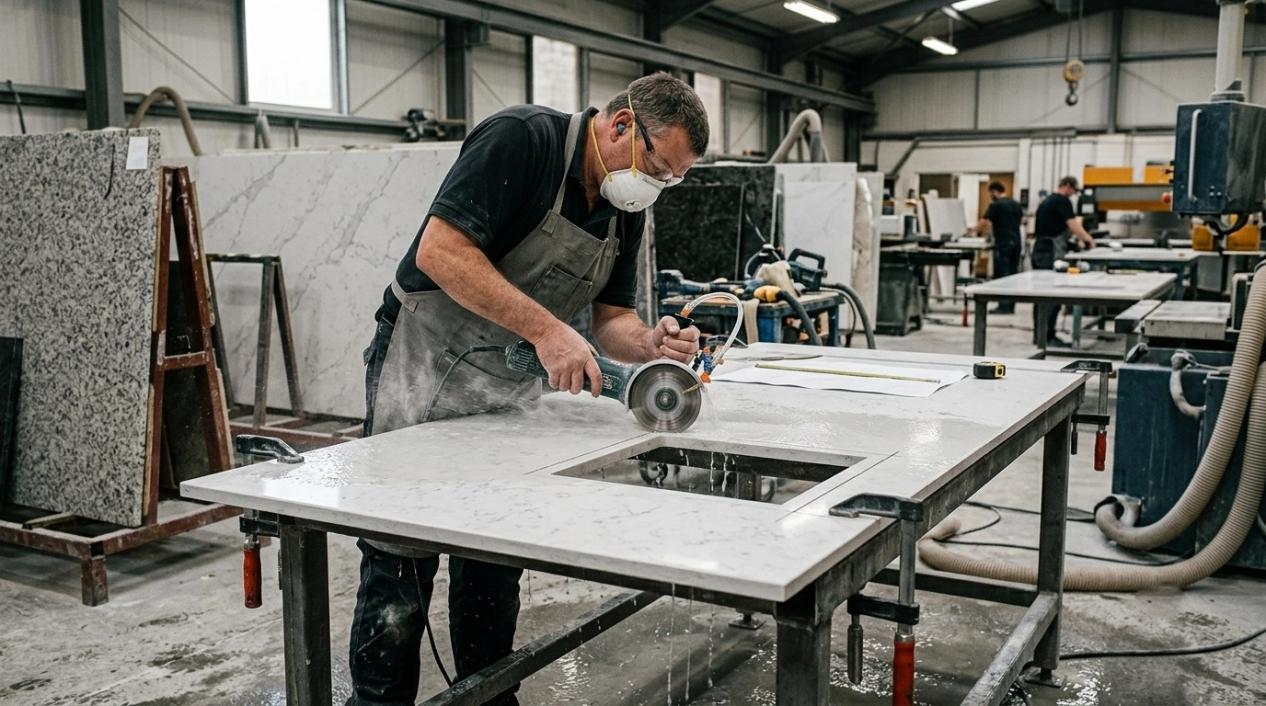 A stone fabricator cutting a quartz countertop with a diamond blade