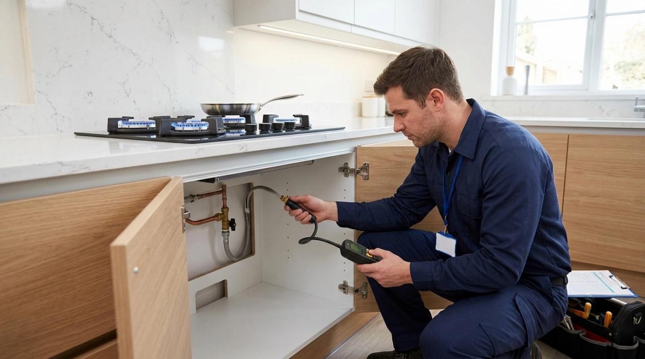 A technician connecting the gas line to a built-in gas hob